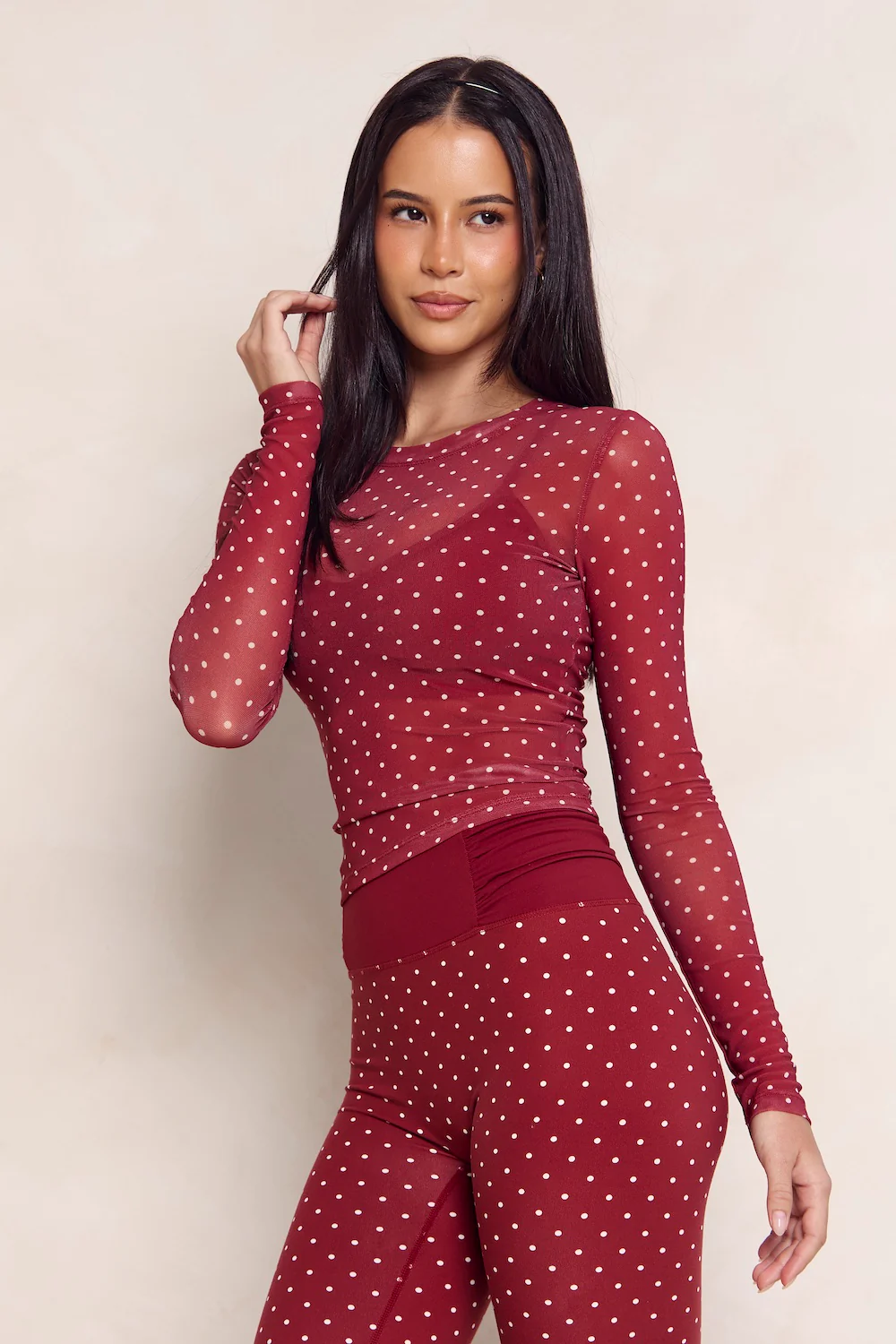 Astoria Mesh Long Sleeve Top - Merlot Polka